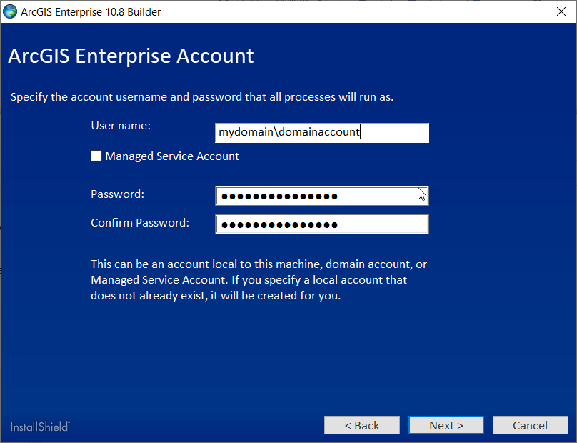 If you enter a domain account or a Managed Service Account, it must already exist. If you enter a domain account or a Managed Service Account, it must already exist.