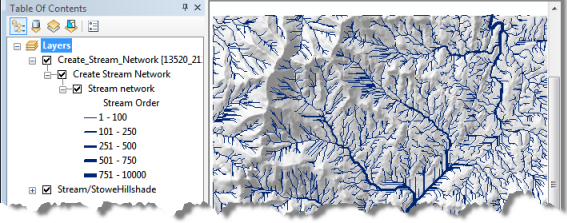 ArcMap after executing the Create Steam Network task ArcMap after executing the Create Steam Network task